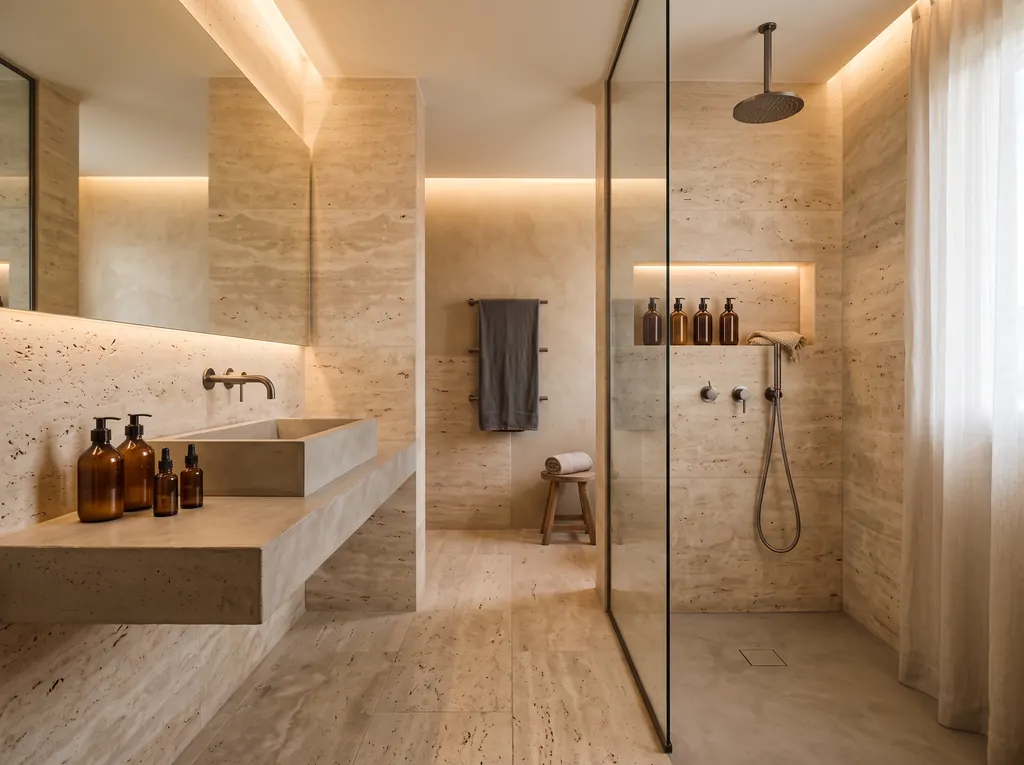 Traverten kaplı banyoda cam bölmeli walk-in duş, gizli ışıklı niş, tezgâhtan taşan taş lavabo ve amber renkli şişeler